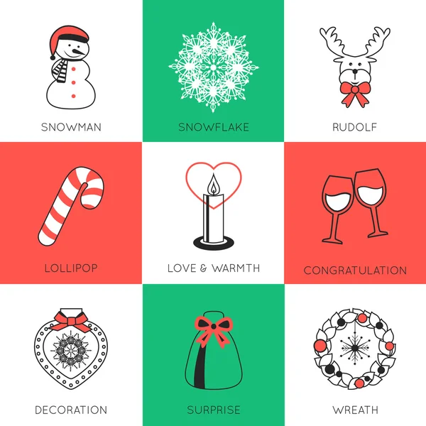 Set of modern style Christmas flat line icons compositions. — Stock Vector