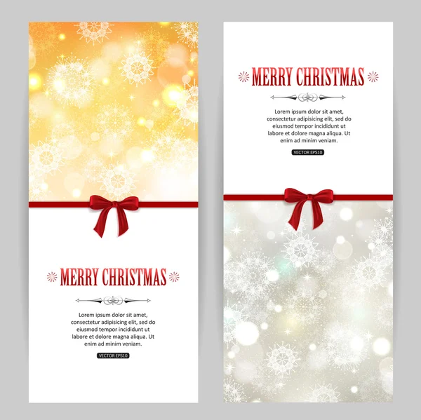 Frohe Weihnachten goldene und silberne Banner mit Schneeflocken, Bändern — Stockvektor