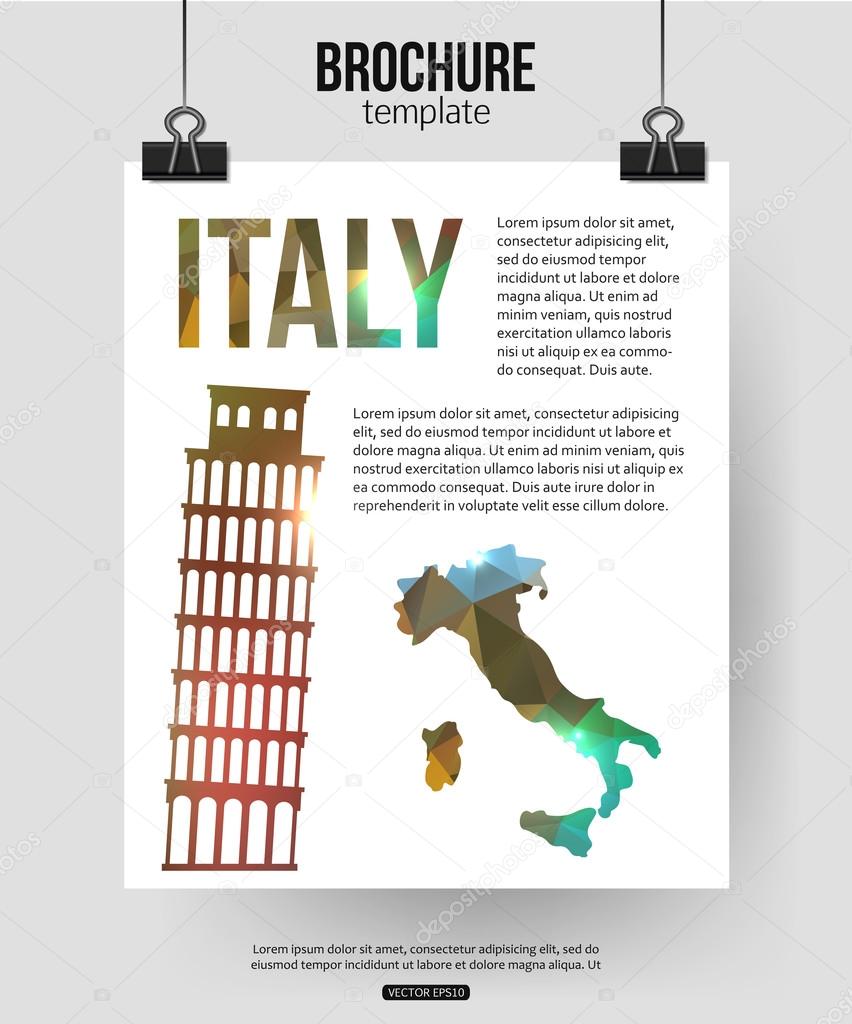 Italy travel background. Brochure with Italy map, Pisa label or logo and place for text. Italy symbols for your design. Geometric design. Vector illustration.
