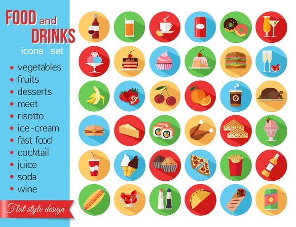 Set dari warna-warni makanan dan minuman ikon - Stok Vektor