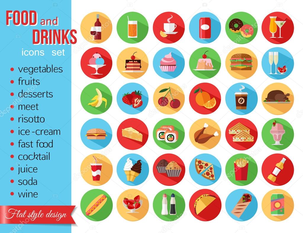 Set of colorful food and drinks icons