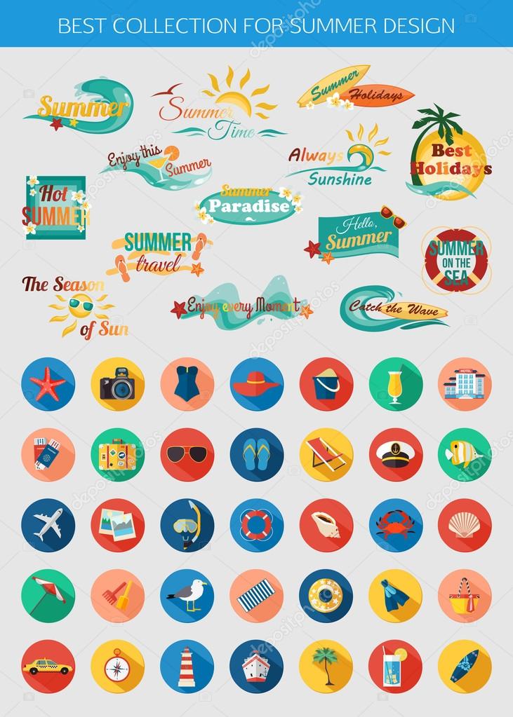 Big collection of summer typographical elements for design and colorful summer vacation, beach, seaside marine icons with long shadows. Vector illustration.