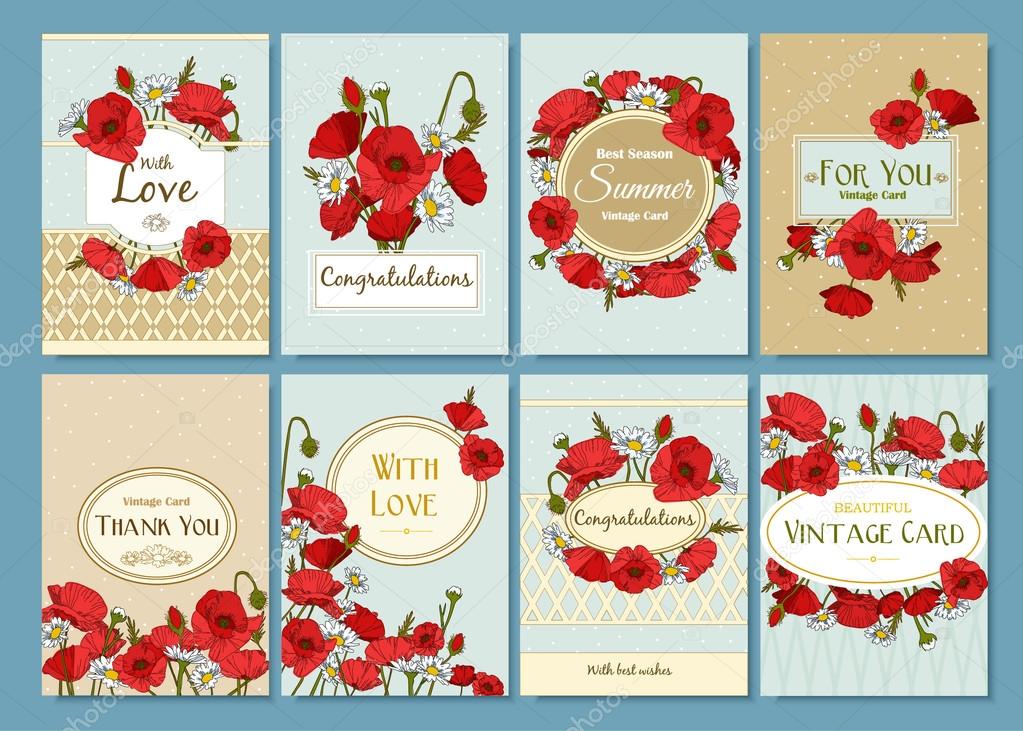 Set of summer hand drawn floral vintage cards.