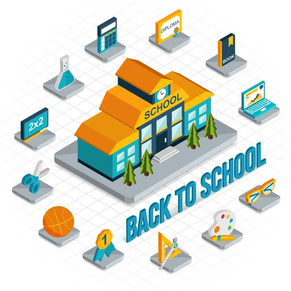 Ritorno a scuola con edificio scolastico — Vettoriale Stock