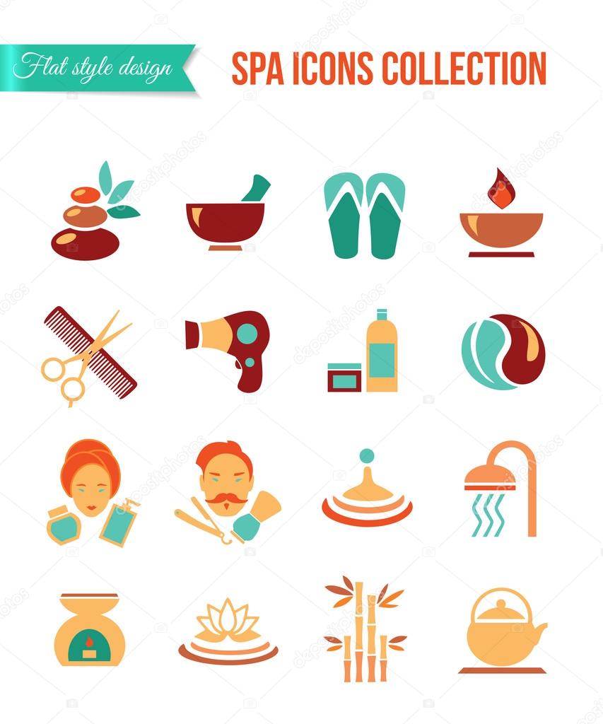 Spa treatments for men and women. Set of spa and beauty flat icons. Healthcare salon, haircut, skin care, herbal therapy, cosmetics vector items for medical wellness infographics and logo design