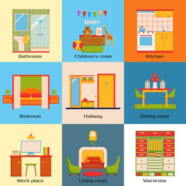 Set of interior design home rooms.