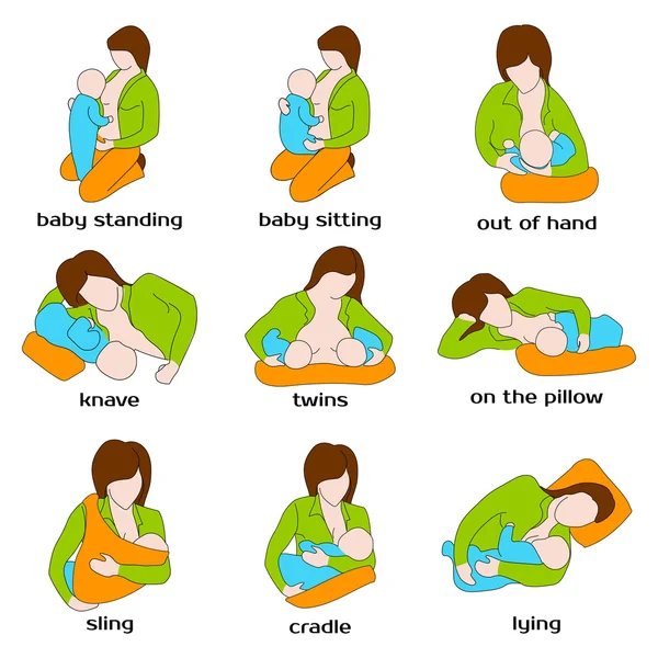 Woman breastfeeding a child in different poses — 스톡 벡터