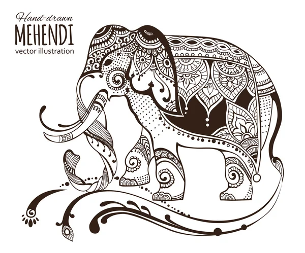 Hand-drawn mehendi elephant. — Stock Vector