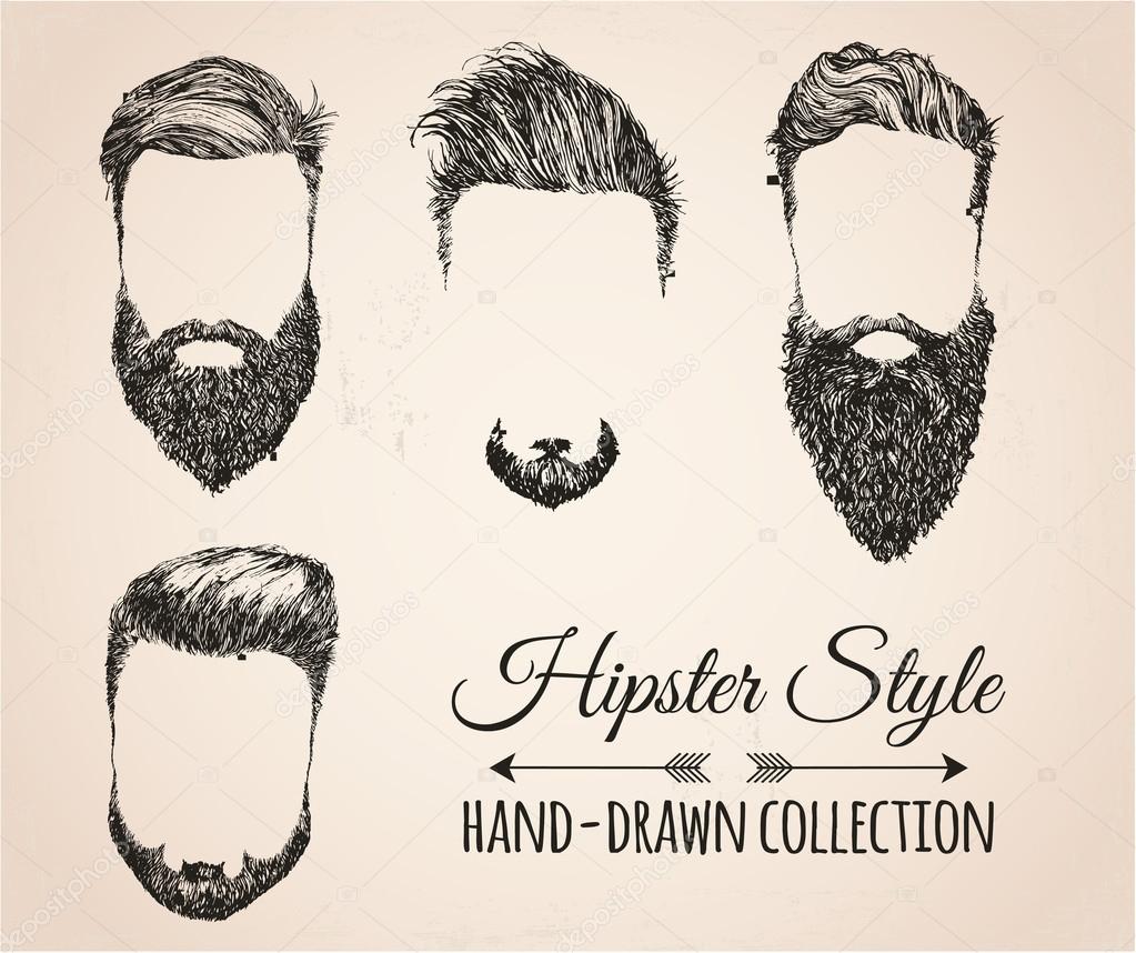 Hipster fashion vintage elements hand-drawn collection. Hipster hair, beards, mustaches. Vector illustration.
