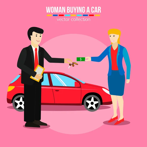 Frau kauft ein Auto. — Stockvektor