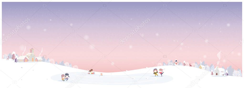 Vector illustration of  winter landscape.Snow with church,rural village.Kids playing outside with medical mask.Concept of new normal winter background. 