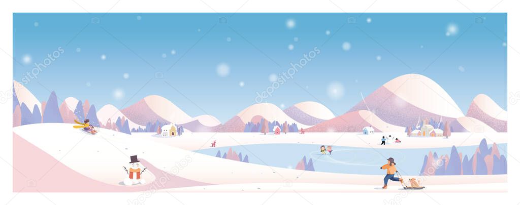 Art & IllustrationPanoramic vector illustration of winter wonderland in pink pastel background.The cute small village in Christmas day with snow.Kids playing outside with snowman and snowball.Minimal winter landscape.