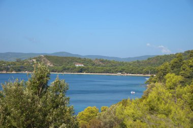 Skiathos, Yunanistan, 9 / 20 / 2020: Yunanistan 'ın Skiathos adasındaki Koukounaries plajının güzel kumlu plajı 