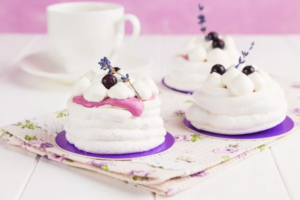 Mini-Pavlova mit schwarzer Johannisbeere und Lavendel — Stockfoto