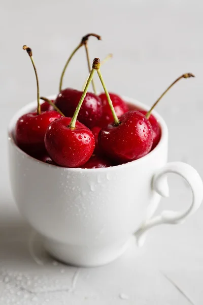 Cerezas maduras en taza blanca — Foto de Stock