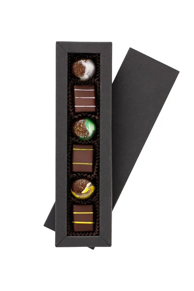 Sortiment Von Luxus Bonbons Mit Bunten Spritzern Schwarzer Box Isoliert Stockfoto