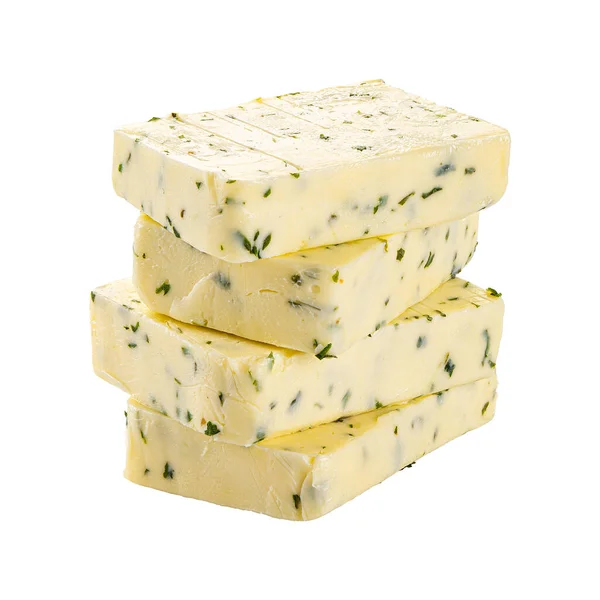 Nahaufnahme Stapel Von Stücken Butter Mit Kräutern Isoliert Auf Weiß — Stockfoto