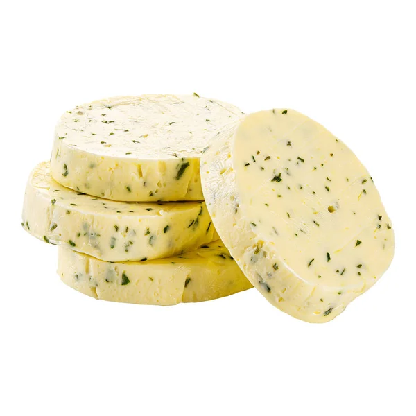 Close Pilha Pedaços Manteiga Com Ervas Isoladas Branco — Fotografia de Stock
