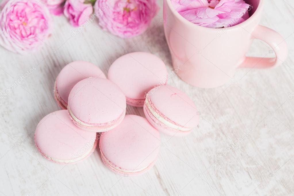 Pastel pink macaroons with rose