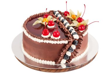 Traditional chocolate cake decorated with cream, cherries and bl clipart