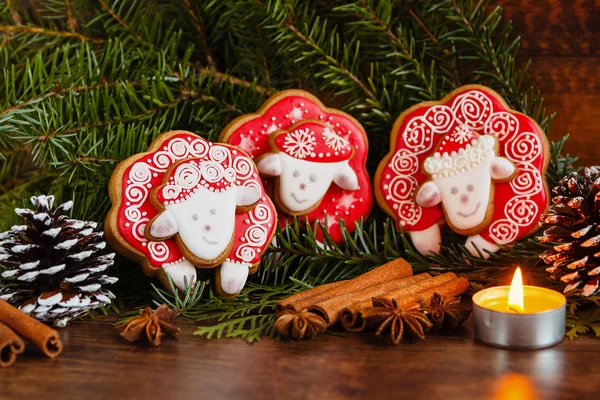 Christmas composition with red gingerbread sheep. Year of the Sh — Stock Photo, Image