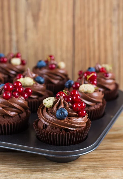 Pastelitos de chocolate decorados con crema de chocolate y ber verano — Foto de Stock