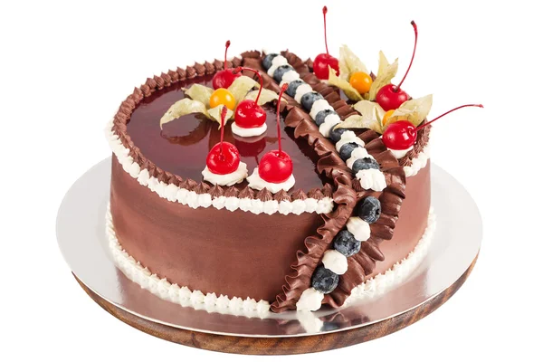 Traditional chocolate cake decorated with cream, cherries and bl — Stock Photo, Image