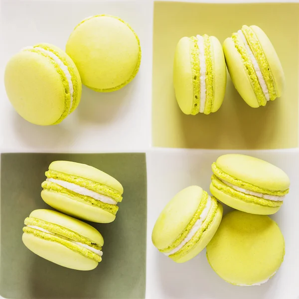 Green macaroons on a square plate. Top view — Stock Photo, Image