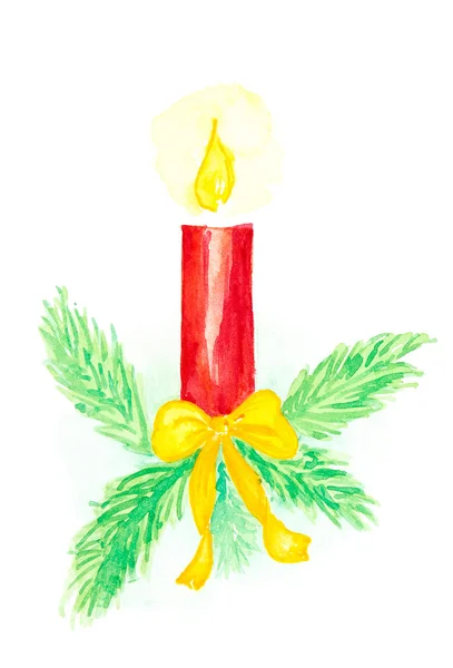 Watercolor christmas candle in the spruce — Stock Photo, Image