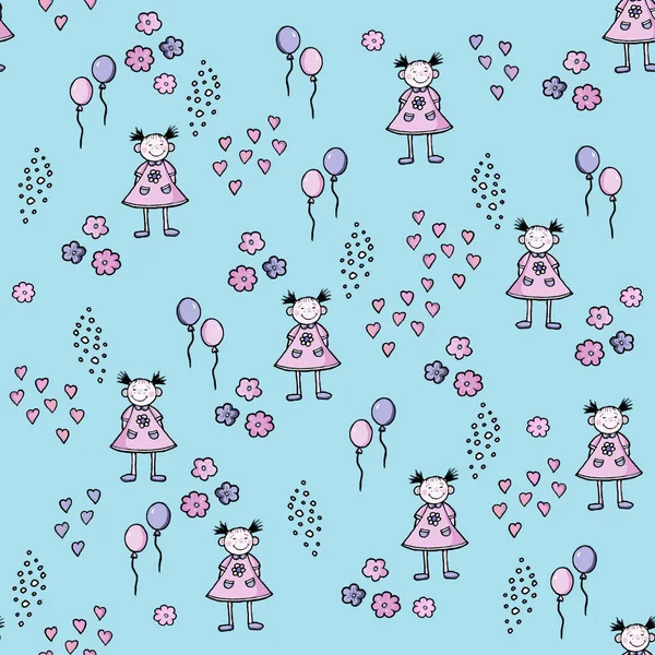 Drawing Seamless Funny Little Girls Hearts Flowers Balloons Blue Background — Stock Photo, Image