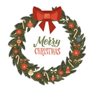 Mutlu Noeller ve Mutlu Yıllar Retro Çelengi. Noel Baloları ve Yay Vektörü İllüstrasyonu.