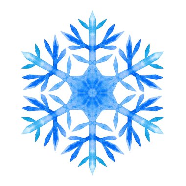 Suluboya mavi kar tanesi. Kış neşe çizimi. Suluboya kar taneleriyle mutlu Noel tasarımı. Yeni yıl kartı illüstrasyonu.