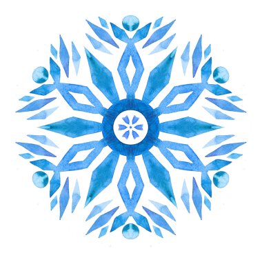 Suluboya mavi kar tanesi. Kış neşe çizimi. Suluboya kar taneleriyle mutlu Noel tasarımı. Yeni yıl kartı illüstrasyonu.