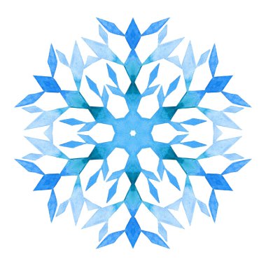 Suluboya mavi kar tanesi. Kış neşe çizimi. Suluboya kar taneleriyle mutlu Noel tasarımı. Yeni yıl kartı illüstrasyonu.