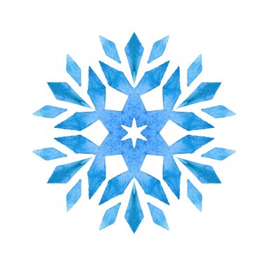 Suluboya mavi kar tanesi. Kış neşe çizimi. Suluboya kar taneleriyle mutlu Noel tasarımı. Yeni yıl kartı illüstrasyonu.