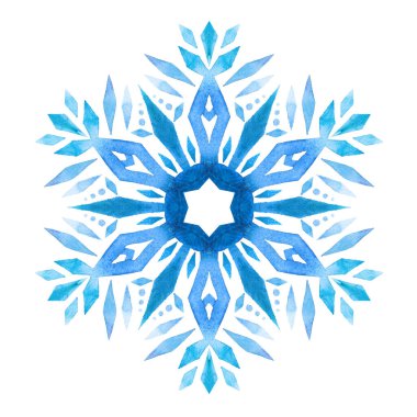 Suluboya mavi kar tanesi. Kış neşe çizimi. Suluboya kar taneleriyle mutlu Noel tasarımı. Yeni yıl kartı illüstrasyonu.