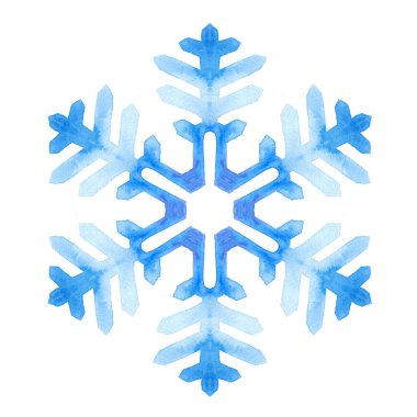 Suluboya mavi kar tanesi. Kış neşe çizimi. Suluboya kar taneleriyle mutlu Noel tasarımı. Yeni yıl kartı illüstrasyonu.