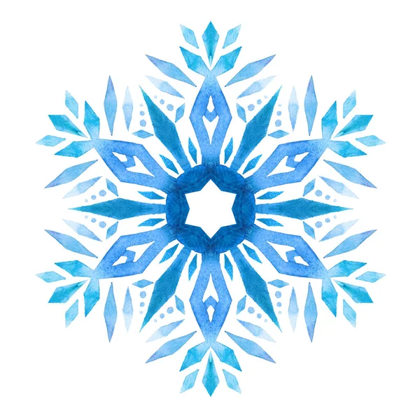 水彩ブルーの雪の結晶 冬の喜び手描きイラスト 水彩雪片とメリークリスマスデザイン 年賀状イラスト — ストック写真