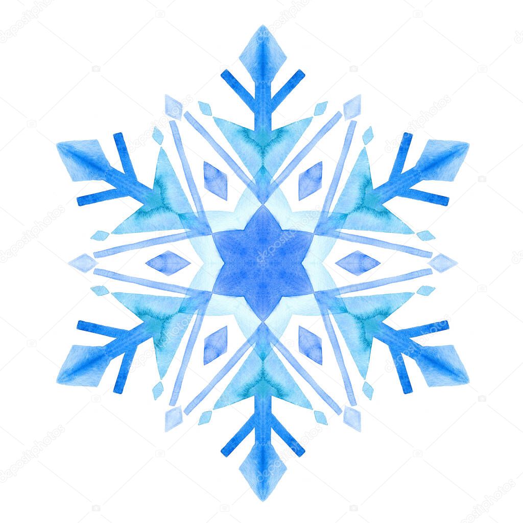 Watercolor blue snowflake. Winter joy hand drawn illustration. Merry Christmas design with watercolor snowflakes. New Year card illustration.