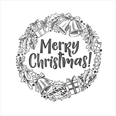 Mutlu noel vektör mektupları ve çelenk çizimleri. Tatil elin tasarımın için siyah hat çizmiş. Beyaz arkaplan.
