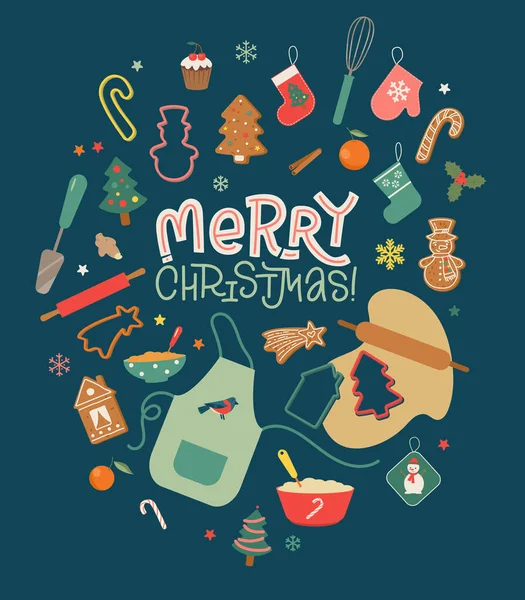 メリークリスマス かわいいジンジャーブレッドクッキー 料理やクリスマスベーカリーのための要素を持つポスター 暗い背景 落書きのレタリングとベクトルイラスト — ストックベクタ