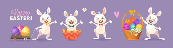 Feliz Conjunto Saludo Pascua Bunny Chicks Ilustración Vectorial — Archivo Imágenes Vectoriales