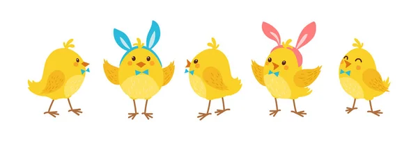Niedliche Cartoon Hühnerset Lustige Gelbe Hühner Mit Hasenhörnern Verschiedenen Posen — Stockvektor