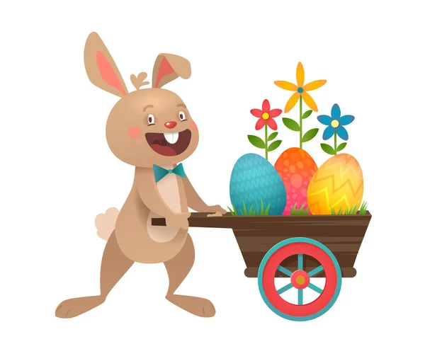Поздравительная Открытка Пасху Яйцами Кроликом Серый Симпатичный Пасхальный Кролик Цветными — стоковый вектор