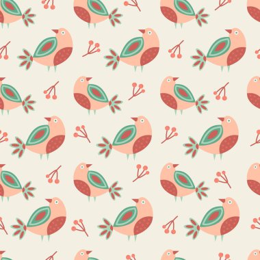 Kuşlu Kusursuz Bahar Çiçeği deseni. Pastel Renkler. Çiçek ve yapraklı karalama şeklinde vektör deseni. Yumuşak, bahar çiçekli arka plan.