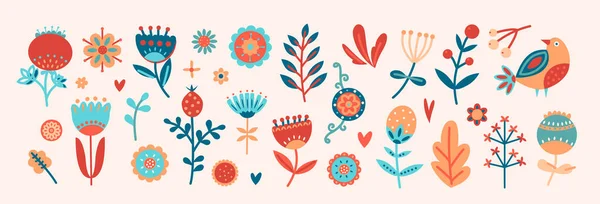 花のグラフィックデザイン 手描きの花と花の要素のベクトルセット — ストックベクタ