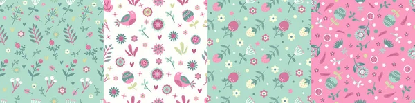 Nahtloses Frühlingsblumenmuster Set Pastellfarben Vektorflorales Muster Doodle Stil Mit Blüten — Stockvektor