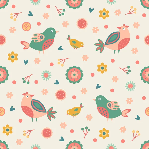 Modèle Floral Printanier Sans Couture Avec Des Oiseaux Couleurs Pastel — Image vectorielle