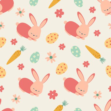 Paskalya deseni kusursuz. Yumurta, tavuk, kelebek, tavşan, lale, çiçekler, söğüt, dallar, sepet, lale, kuş evi, söğüt. Tatil dekorasyonu ve bahar tebrik kartları için mükemmel..