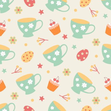 Paskalya deseni kusursuz. Yumurta, tavuk, kelebek, tavşan, lale, çiçekler, söğüt, dallar, sepet, lale, kuş evi, söğüt. Tatil dekorasyonu ve bahar tebrik kartları için mükemmel..